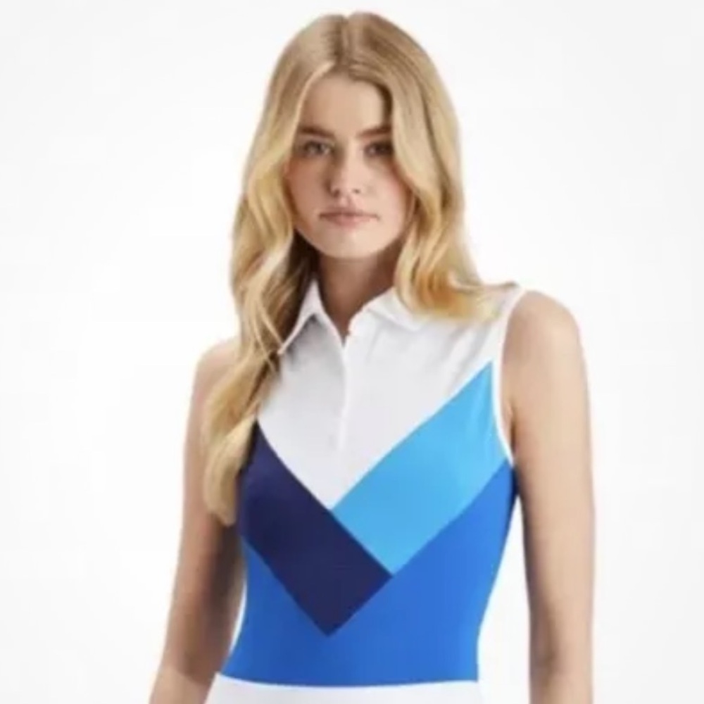 G/FORE Women's Sleeveless Polo in White and Blue Colorblock